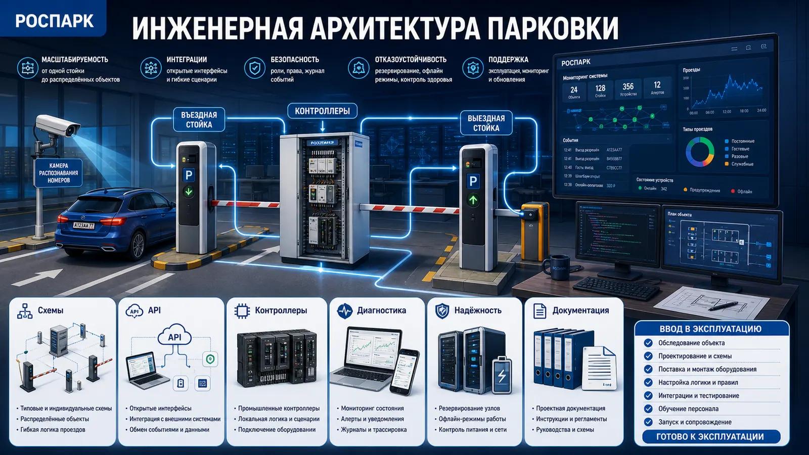 Инфографика РОСПАРК: инженерная архитектура парковочной системы