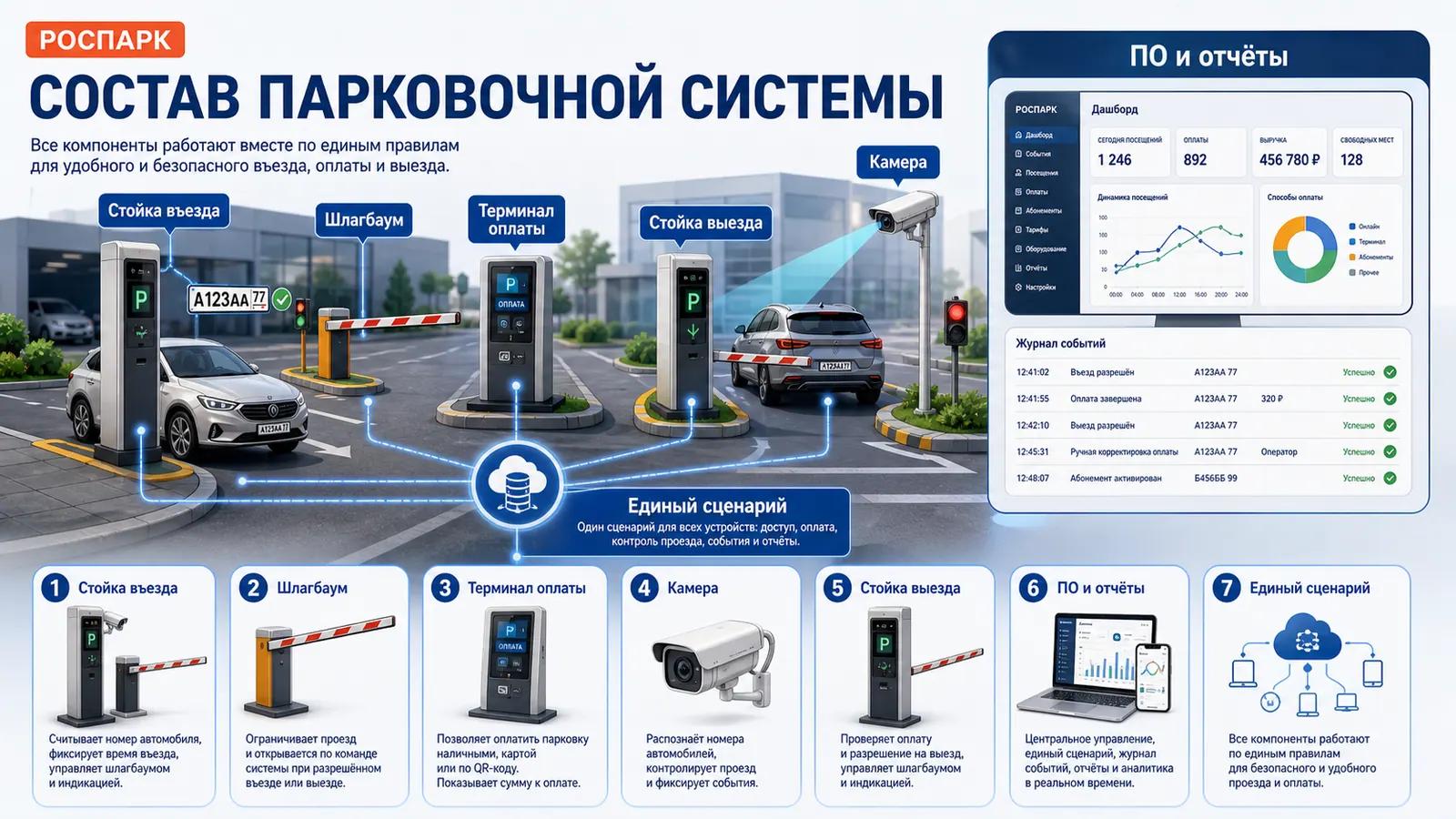 Из чего состоит парковочная система: стойки, шлагбаумы, терминалы и ПО