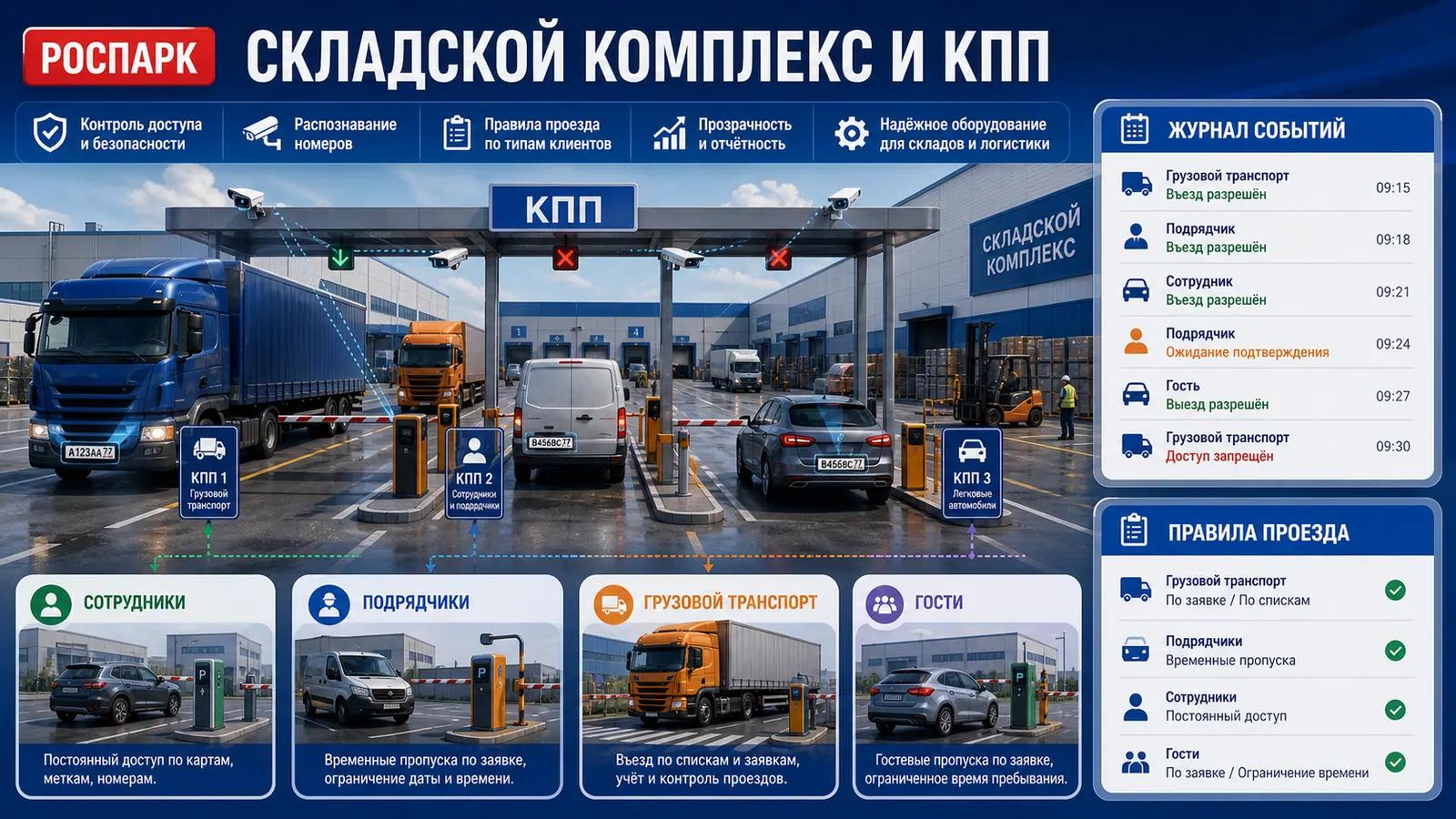 Инфографика РОСПАРК: автоматизация КПП и проездов складского комплекса