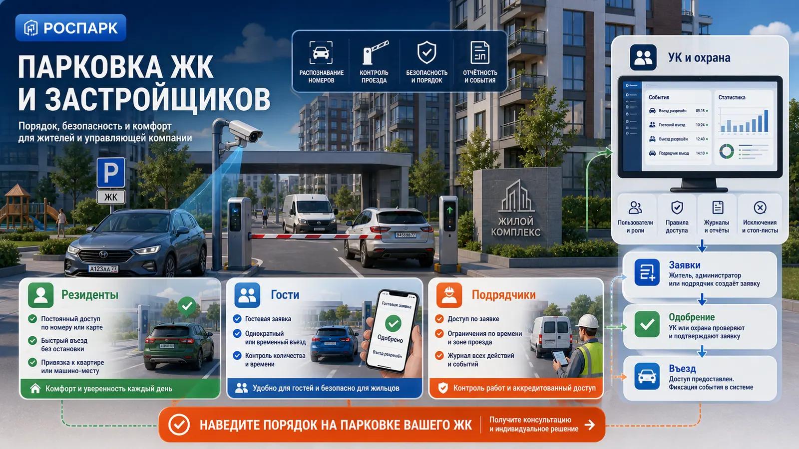 Инфографика РОСПАРК: парковка жилого комплекса и застройщиков с доступом для резидентов, гостей и подрядчиков